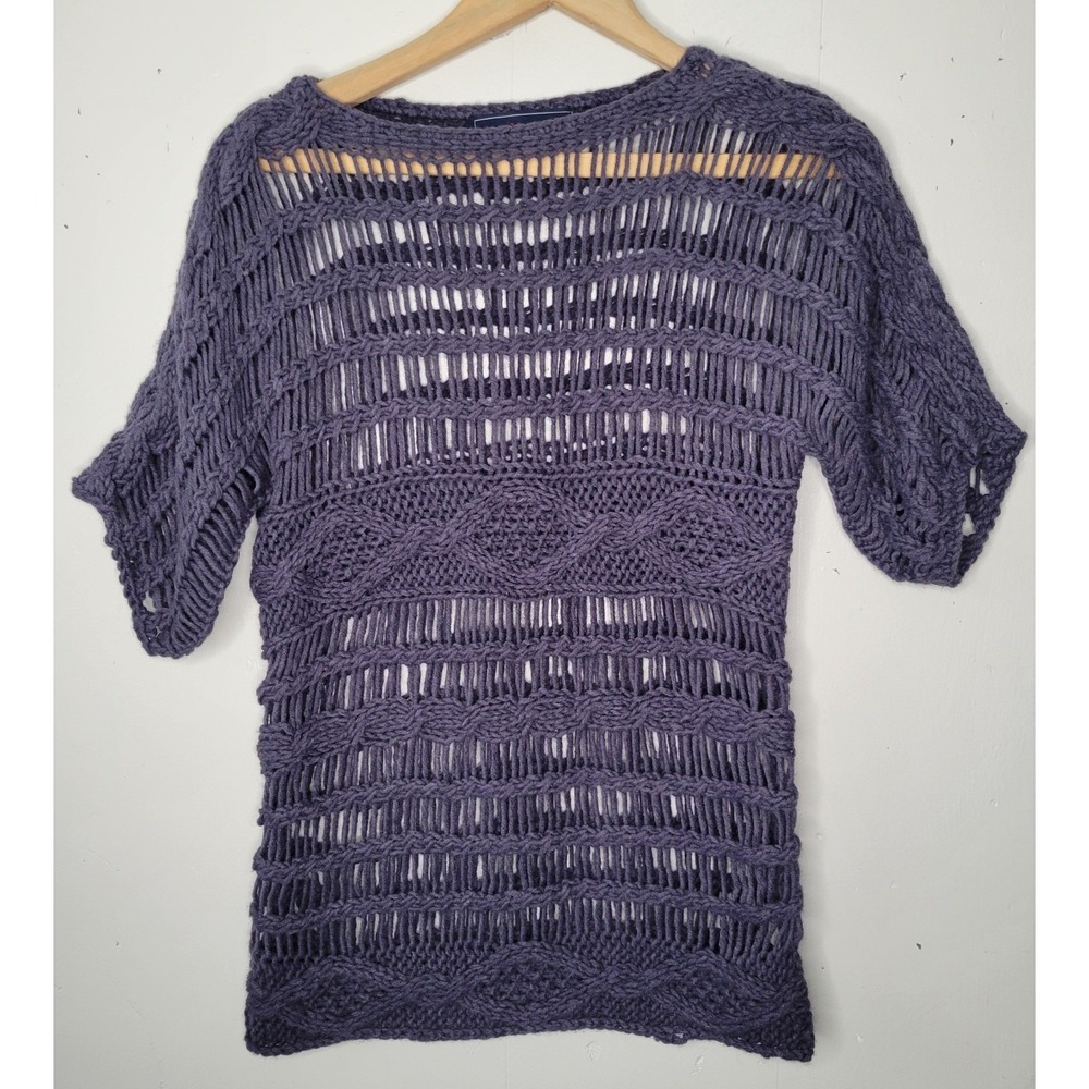 Lumiere Purple Open Weave Cable Knit Short Sleeve Wool Blend Sweater Top Sz Smal